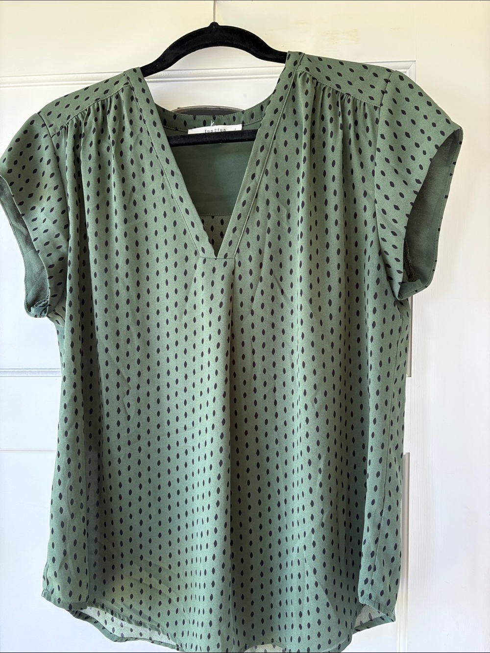 fun 2 fun Sage Green V-Neck Cap Sleeve Blouse with Black Dot Print